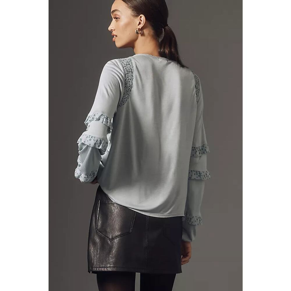 Anthropologie Tiny Embroidered Floral Ruffled Top Long Sleeves Size Small NWOT - Picture 2 of 13